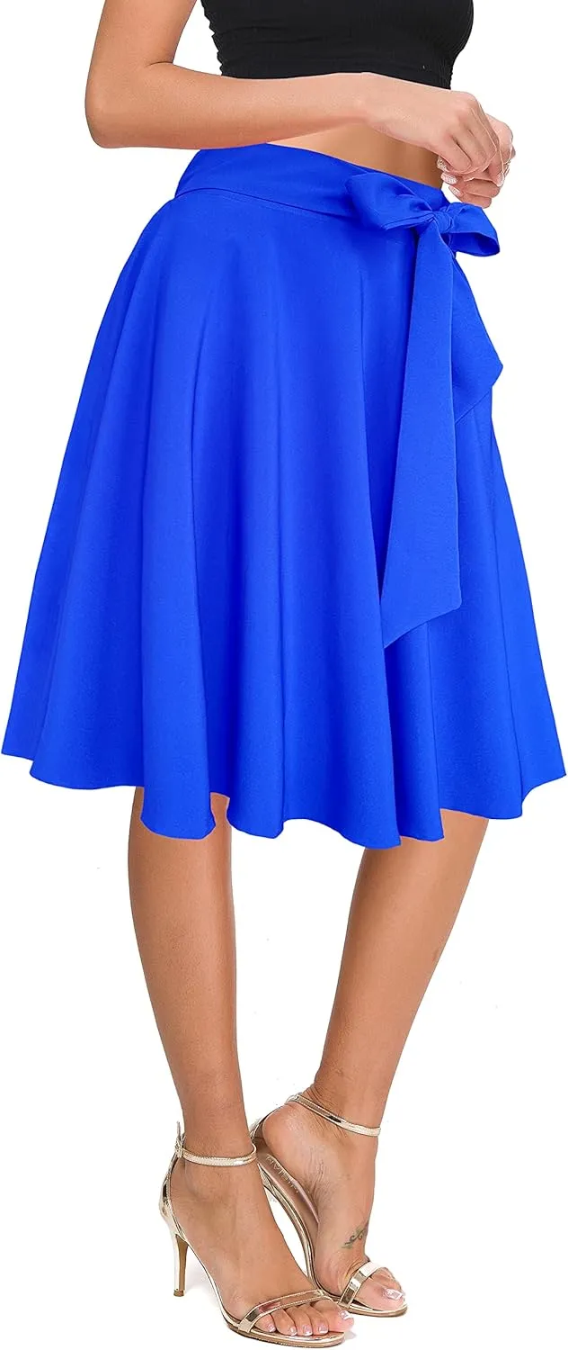 Afibi Womens Vintage High Waist A-Line Skater Skirt Flared Midi Skirt with Pockets