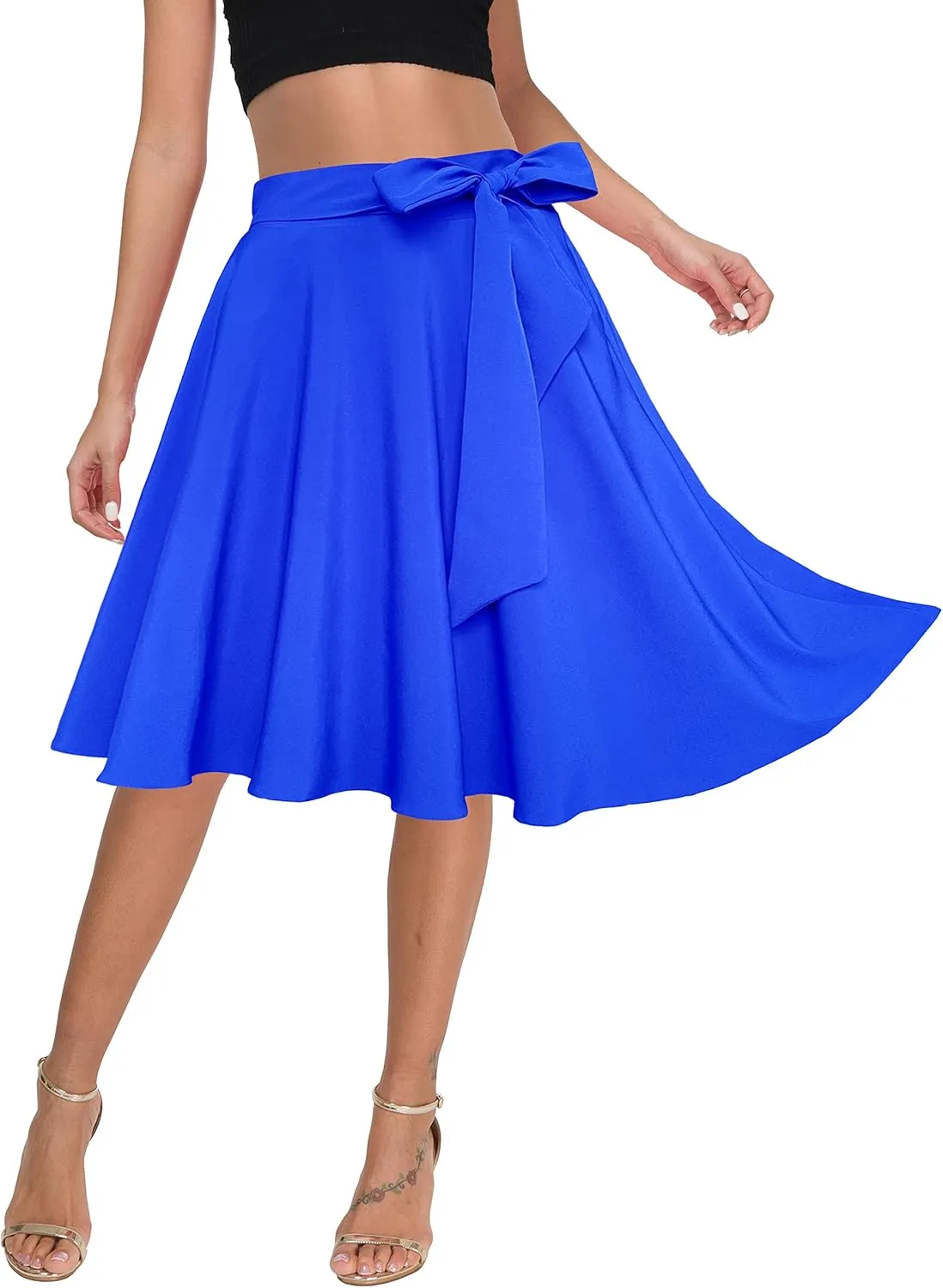 Afibi Womens Vintage High Waist A-Line Skater Skirt Flared Midi Skirt with Pockets