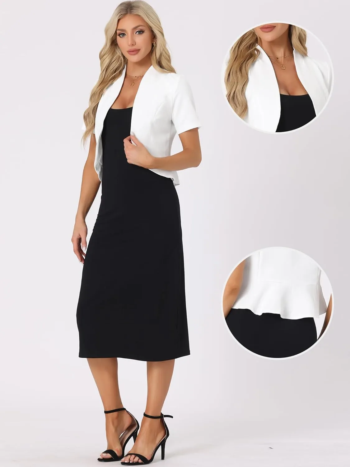 Allegra K Casual Business Cropped Blazer for Women's Short Sleeve Collarless Open Front Cardigan Work Jacket Shrug