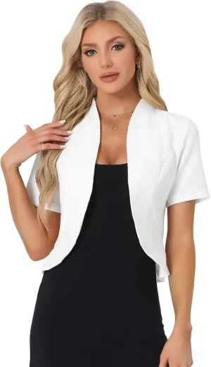 Allegra K Casual Business Cropped Blazer for Women's Short Sleeve Collarless Open Front Cardigan Work Jacket Shrug