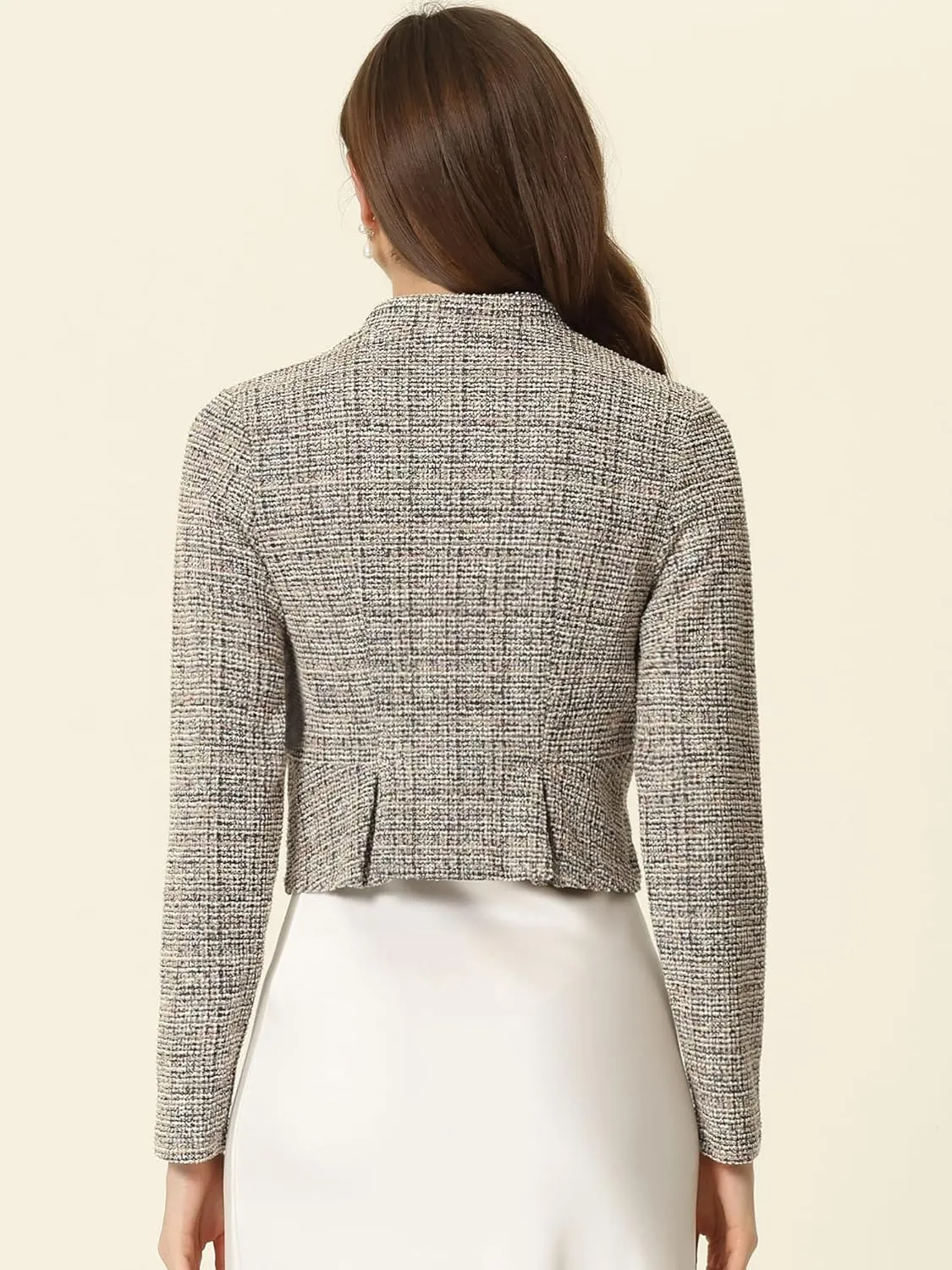 Allegra K Crop Bolero Shrug for Women's Vintage Open Front Office Long Sleeve Plaid Tweed Cardigan