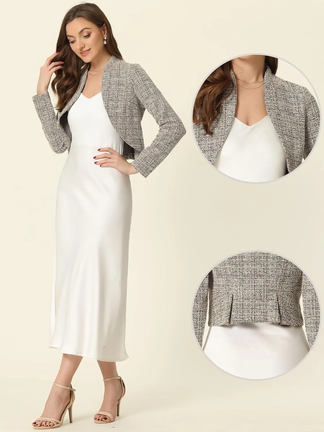 Allegra K Crop Bolero Shrug for Women's Vintage Open Front Office Long Sleeve Plaid Tweed Cardigan