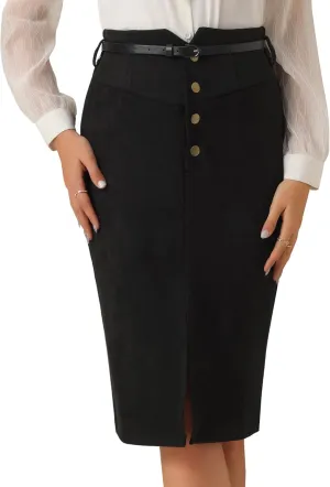 Allegra K Faux Suede Skirt for Women's High Rise Button Front A-line Slit Skirt