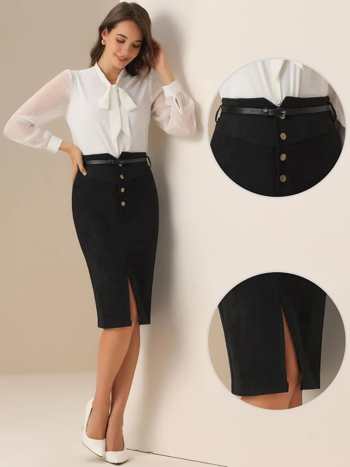 Allegra K Faux Suede Skirt for Women's High Rise Button Front A-line Slit Skirt