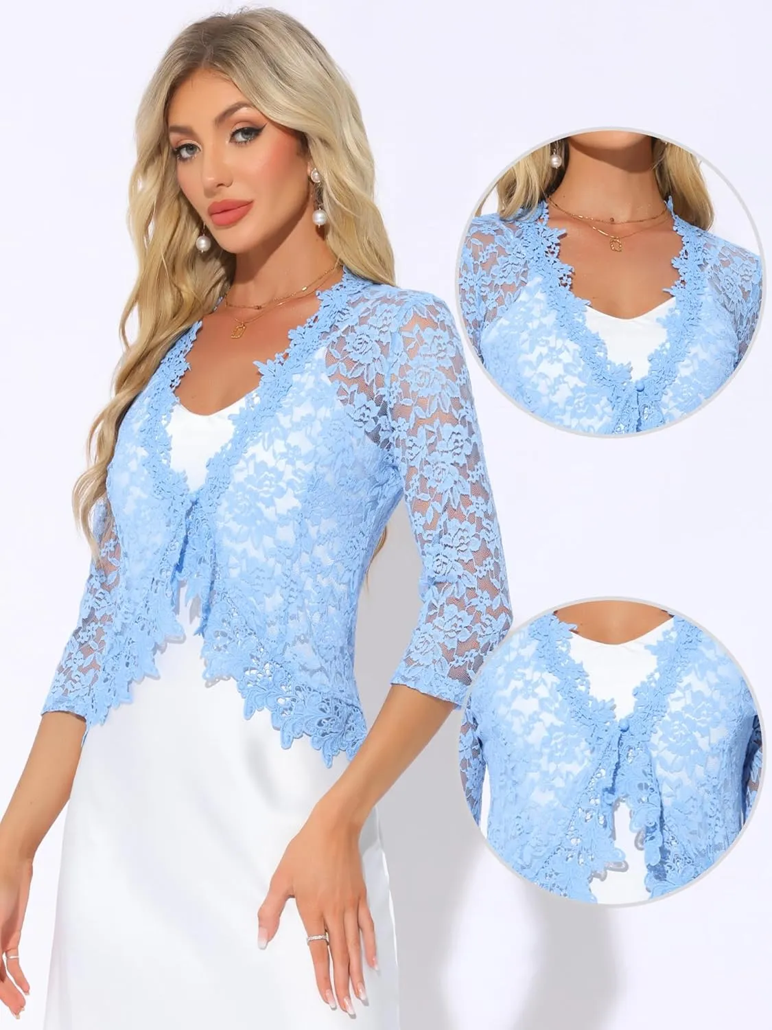 Allegra K Floral Lace Shrugs for Women's Evening 3/4 Sleeves Formal Elegant Bolero Cardigan