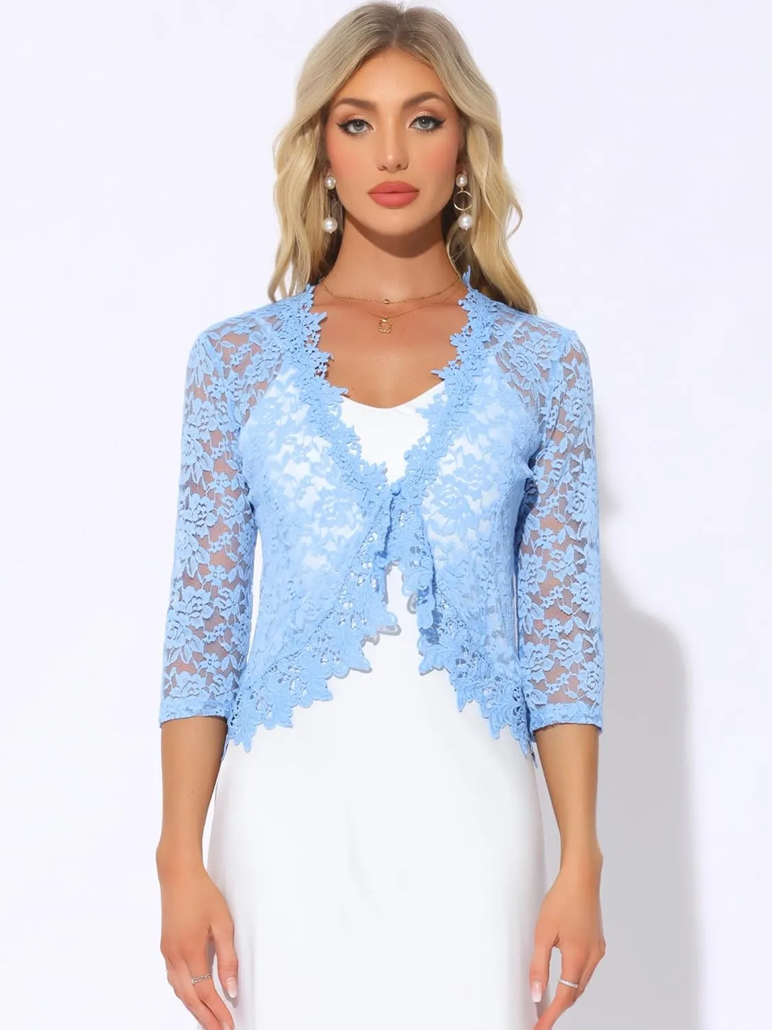 Allegra K Floral Lace Shrugs for Women's Evening 3/4 Sleeves Formal Elegant Bolero Cardigan