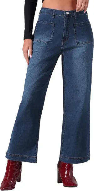 Allegra K Wide Leg Jeans for Women's High Waisted Stretchy Straight Leg Jeans Buttoned Loose Denim Pants