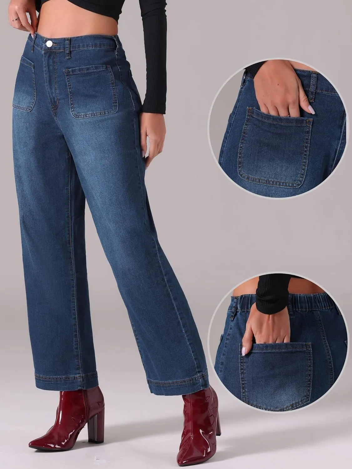 Allegra K Wide Leg Jeans for Women's High Waisted Stretchy Straight Leg Jeans Buttoned Loose Denim Pants