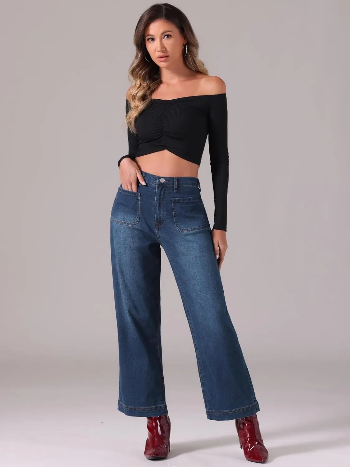 Allegra K Wide Leg Jeans for Women's High Waisted Stretchy Straight Leg Jeans Buttoned Loose Denim Pants