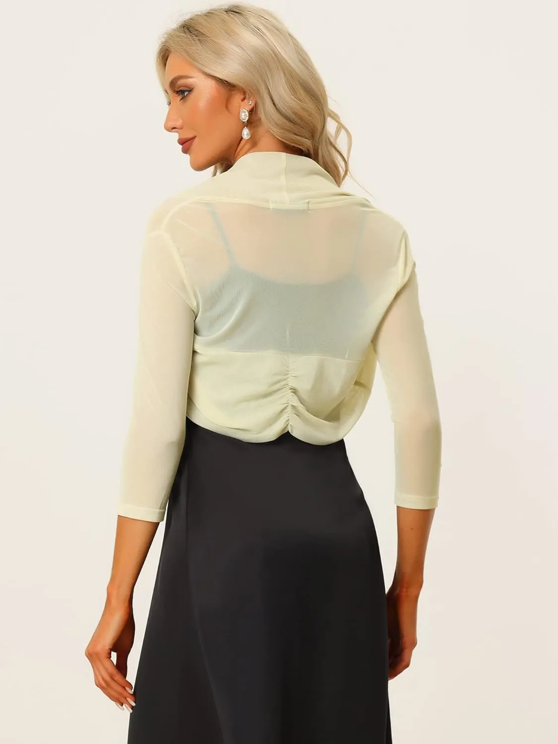 Allegra K Women's 3/4 Sleeve Sheer Mesh Shrug Open Front Cropped Bolero Cardigan