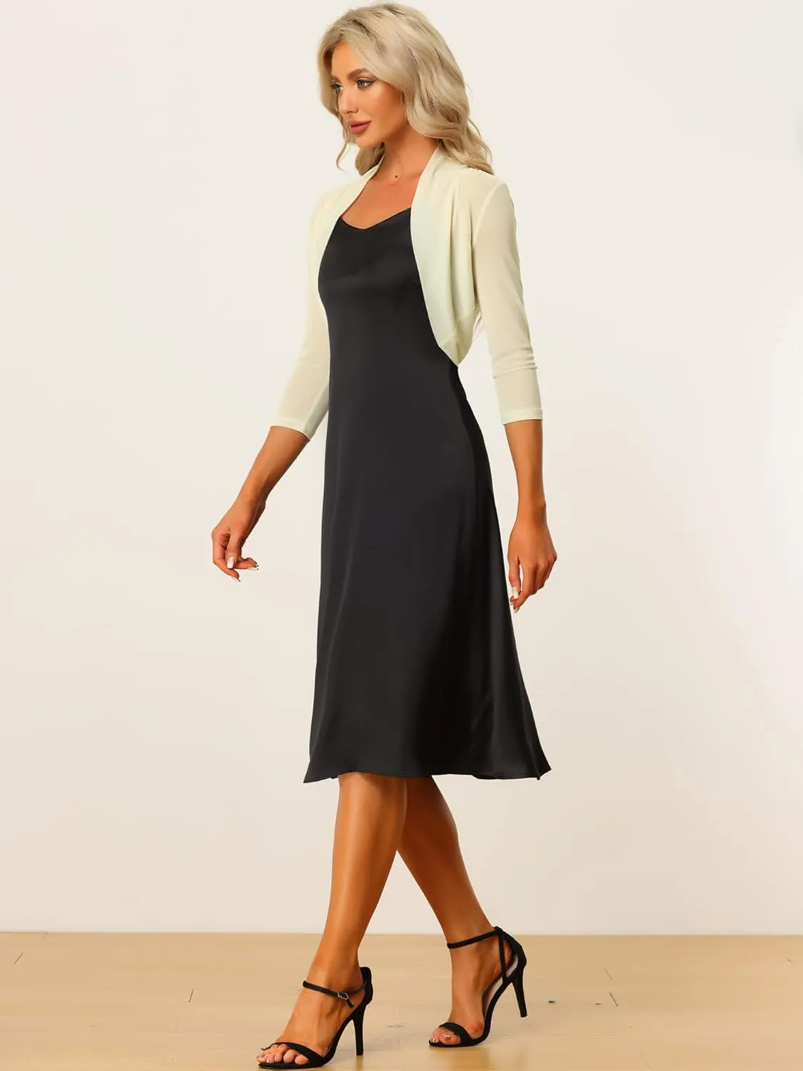 Allegra K Women's 3/4 Sleeve Sheer Mesh Shrug Open Front Cropped Bolero Cardigan