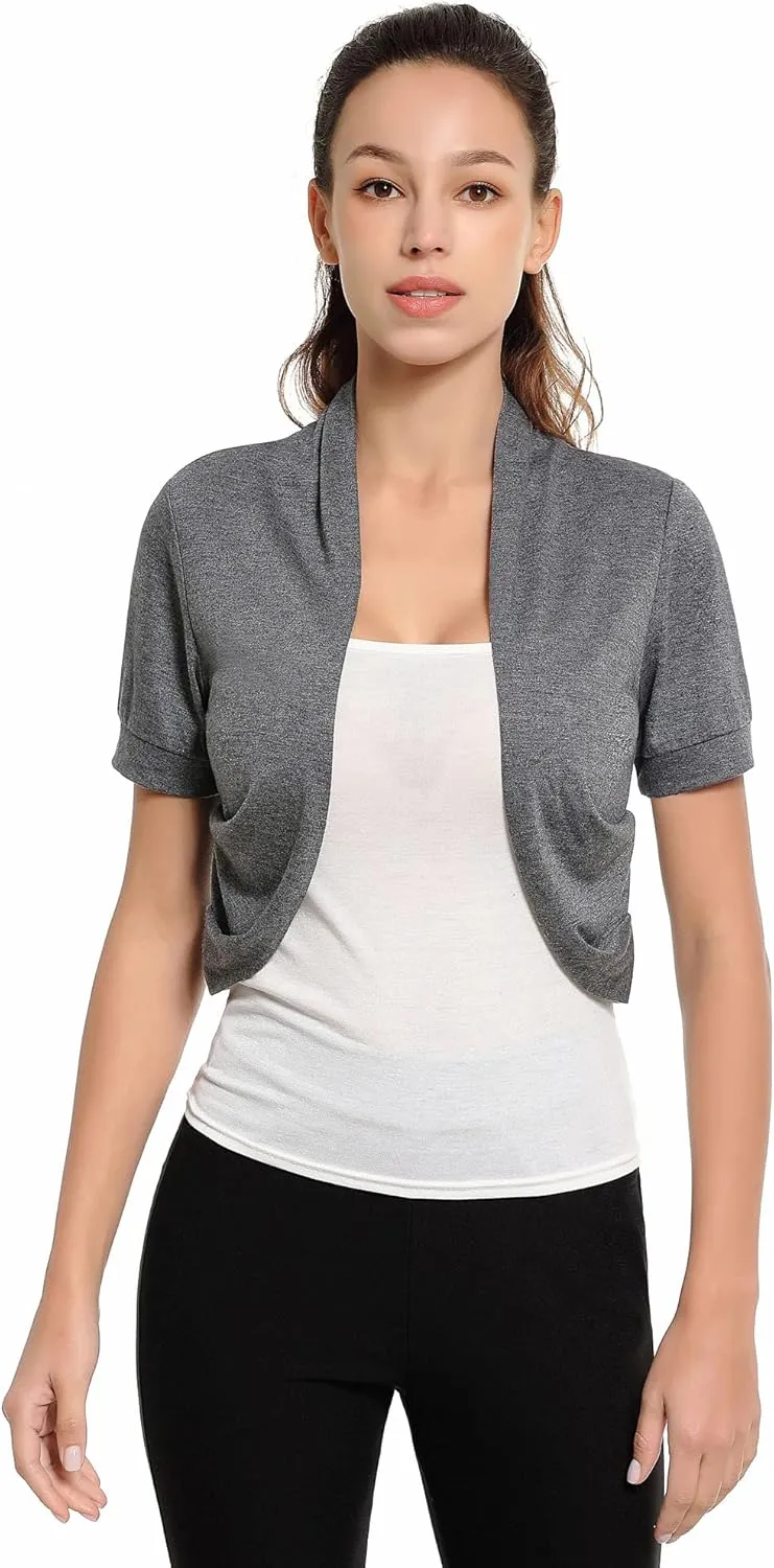 AmlieBoutik Women Short Sleeve Bolero Shrug Open Front Pleated Sides Cropped Cardigan for Dress Casual