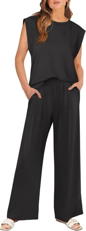 ANRABESS Women 2 Piece Outfits 2025 Summer Travel Vacation Beach Clothing Tank Top & Pants Lounge Matching Set Sweatsuits
