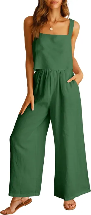 ANRABESS Women's 2 Piece Outfits Linen Pants Jumpsuit Matching Lounge Set Casual Summer Beach Vacation Trendy Clothes