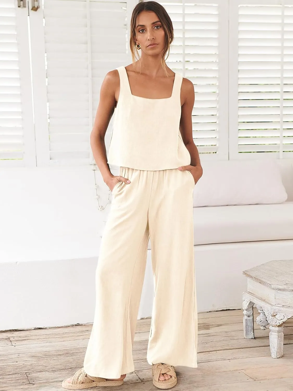 ANRABESS Women's 2 Piece Outfits Linen Pants Jumpsuit Matching Lounge Set Casual Summer Beach Vacation Trendy Clothes