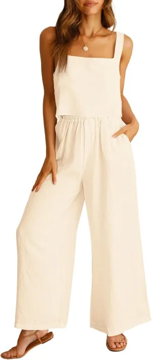 ANRABESS Women's 2 Piece Outfits Linen Pants Jumpsuit Matching Lounge Set Casual Summer Beach Vacation Trendy Clothes