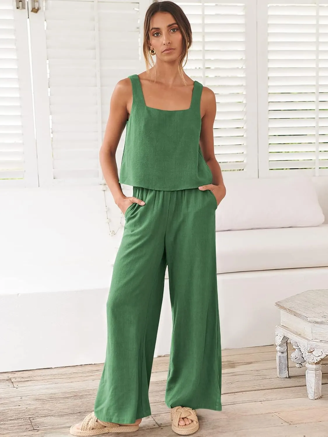 ANRABESS Women's 2 Piece Outfits Linen Pants Jumpsuit Matching Lounge Set Casual Summer Beach Vacation Trendy Clothes