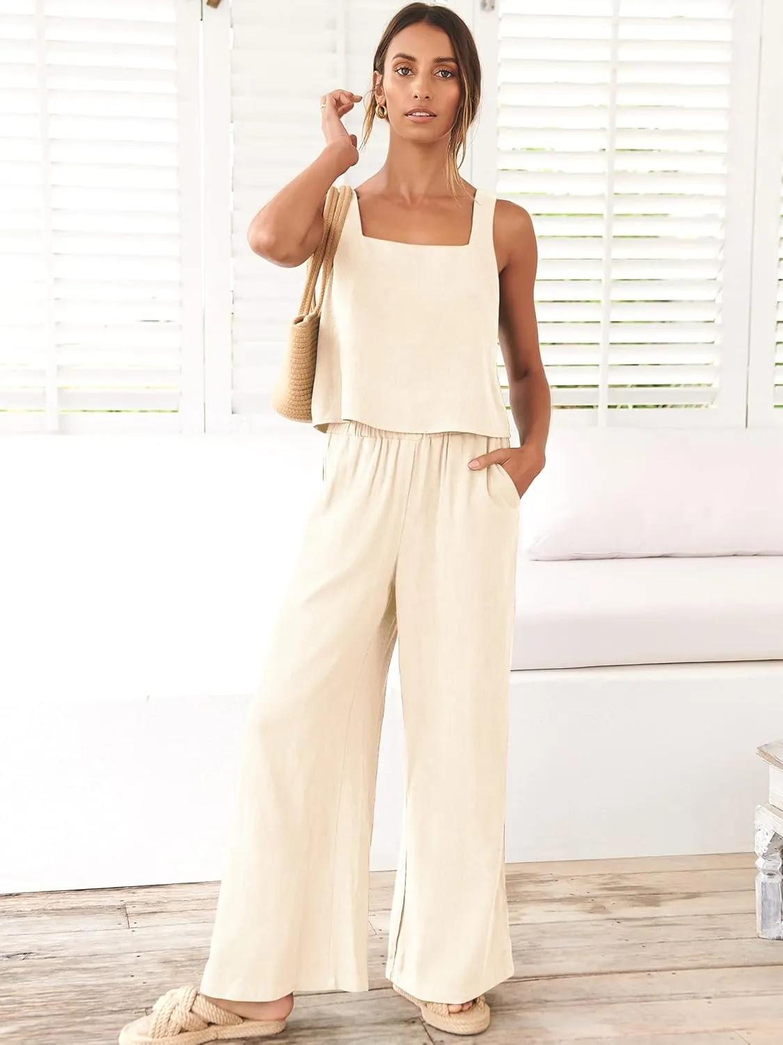 ANRABESS Women's 2 Piece Outfits Linen Pants Jumpsuit Matching Lounge Set Casual Summer Beach Vacation Trendy Clothes