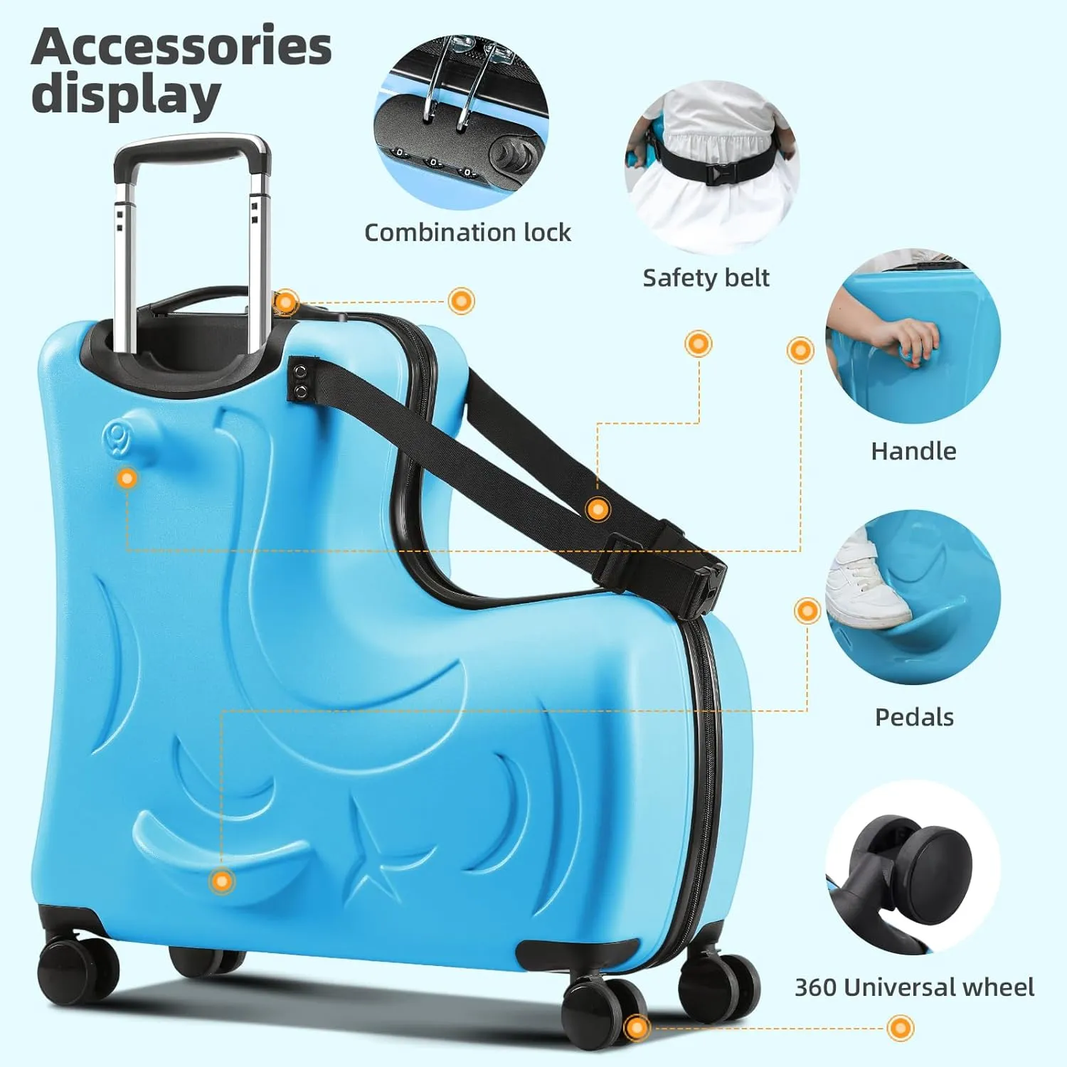AO WEI LA OW Duffel Bag for Kids Ride-On Suitcase Carry-On Luggage with Wheels (Blue, 20 Inchsuggest 1-6 years old)