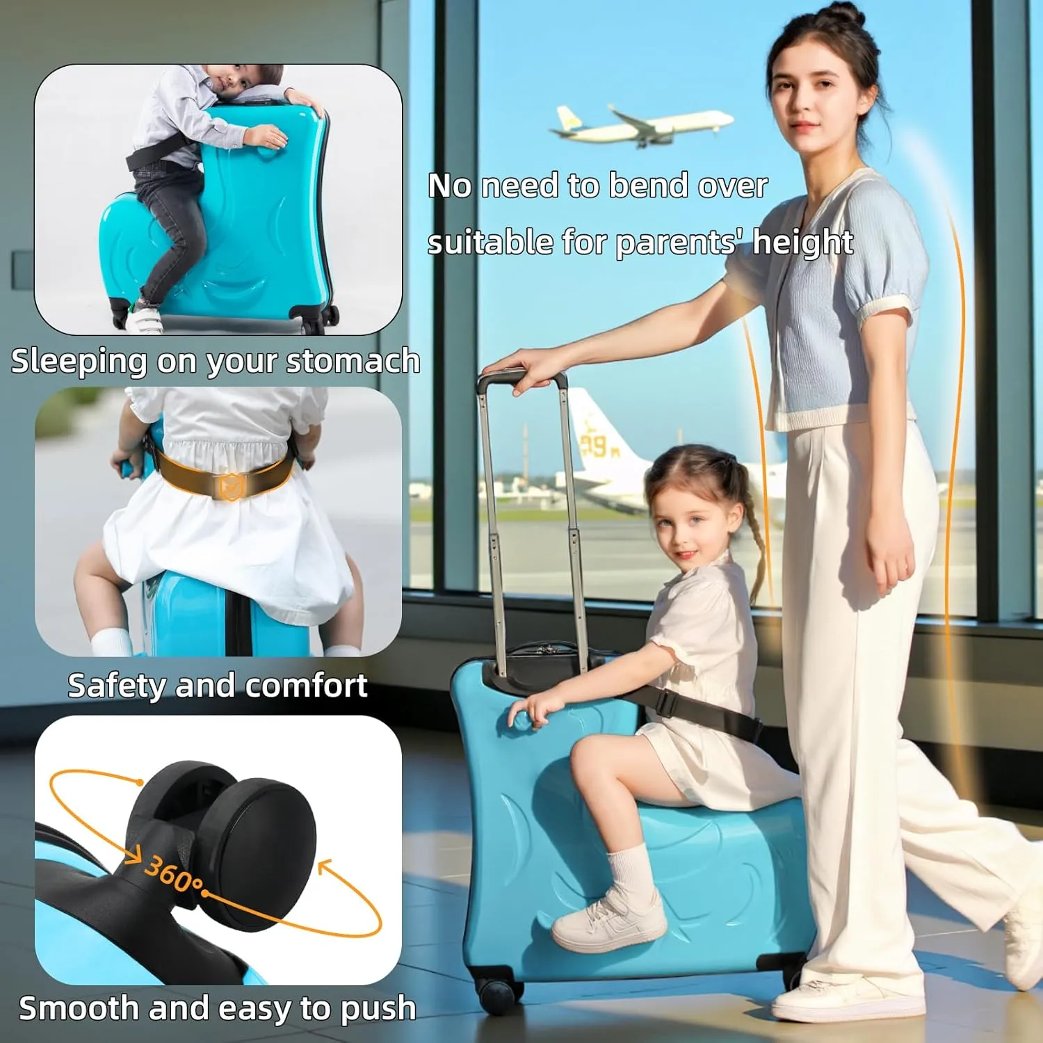 AO WEI LA OW Duffel Bag for Kids Ride-On Suitcase Carry-On Luggage with Wheels (Blue, 20 Inchsuggest 1-6 years old)