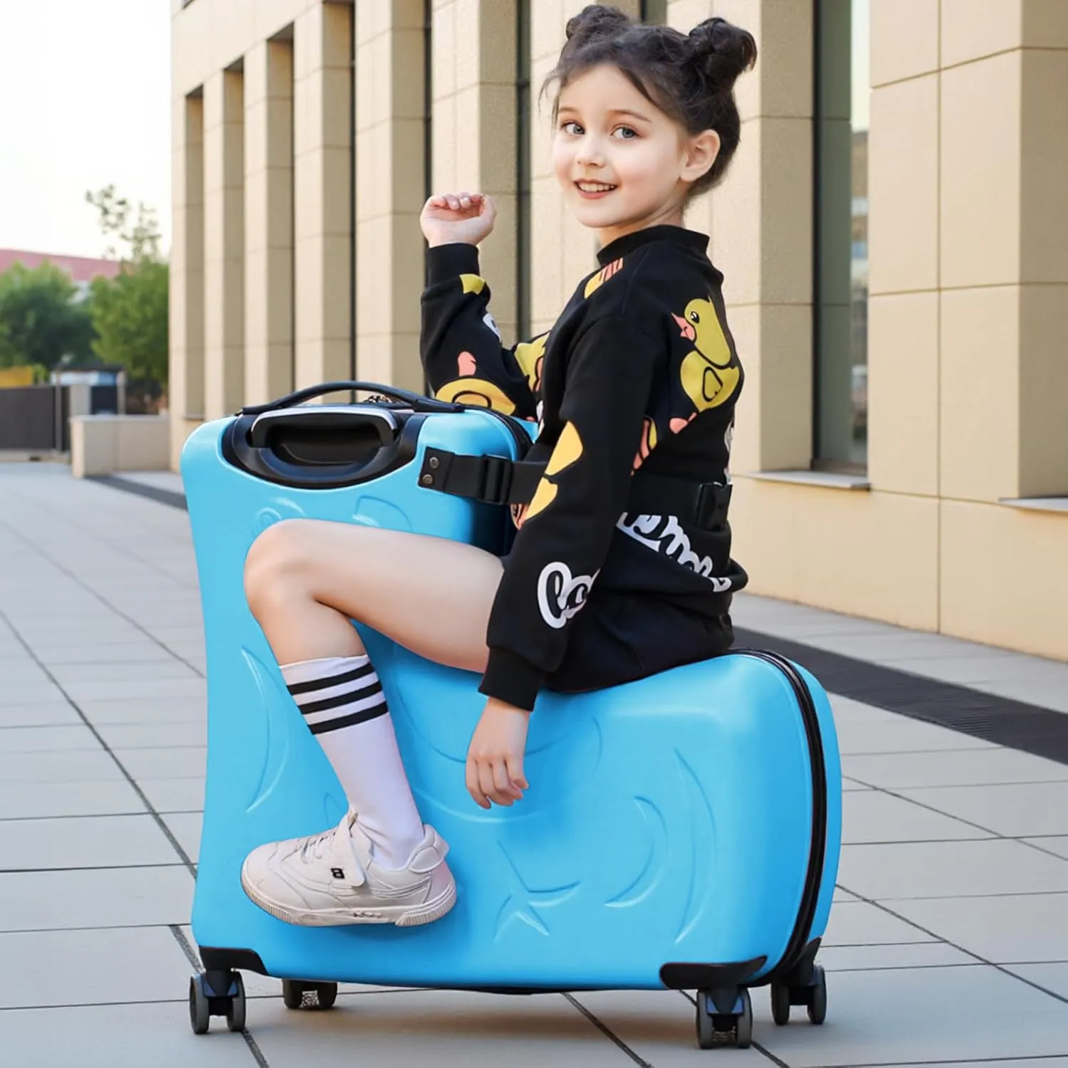 AO WEI LA OW Duffel Bag for Kids Ride-On Suitcase Carry-On Luggage with Wheels (Blue, 20 Inchsuggest 1-6 years old)