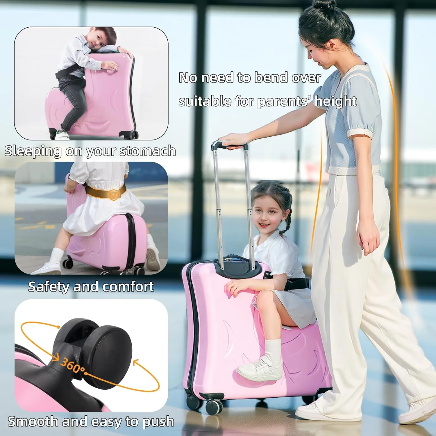 AO WEI LA OW Duffel Bag for Kids Ride-On Suitcase Carry-On Luggage with Wheels (Pink, 20 Inchsuggest 1-6 years old)