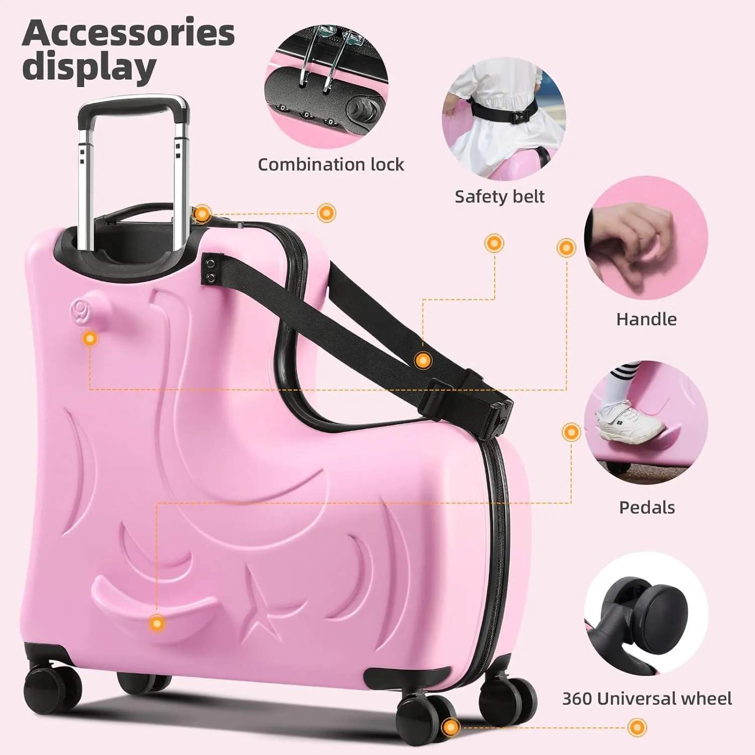 AO WEI LA OW Duffel Bag for Kids Ride-On Suitcase Carry-On Luggage with Wheels (Pink, 20 Inchsuggest 1-6 years old)