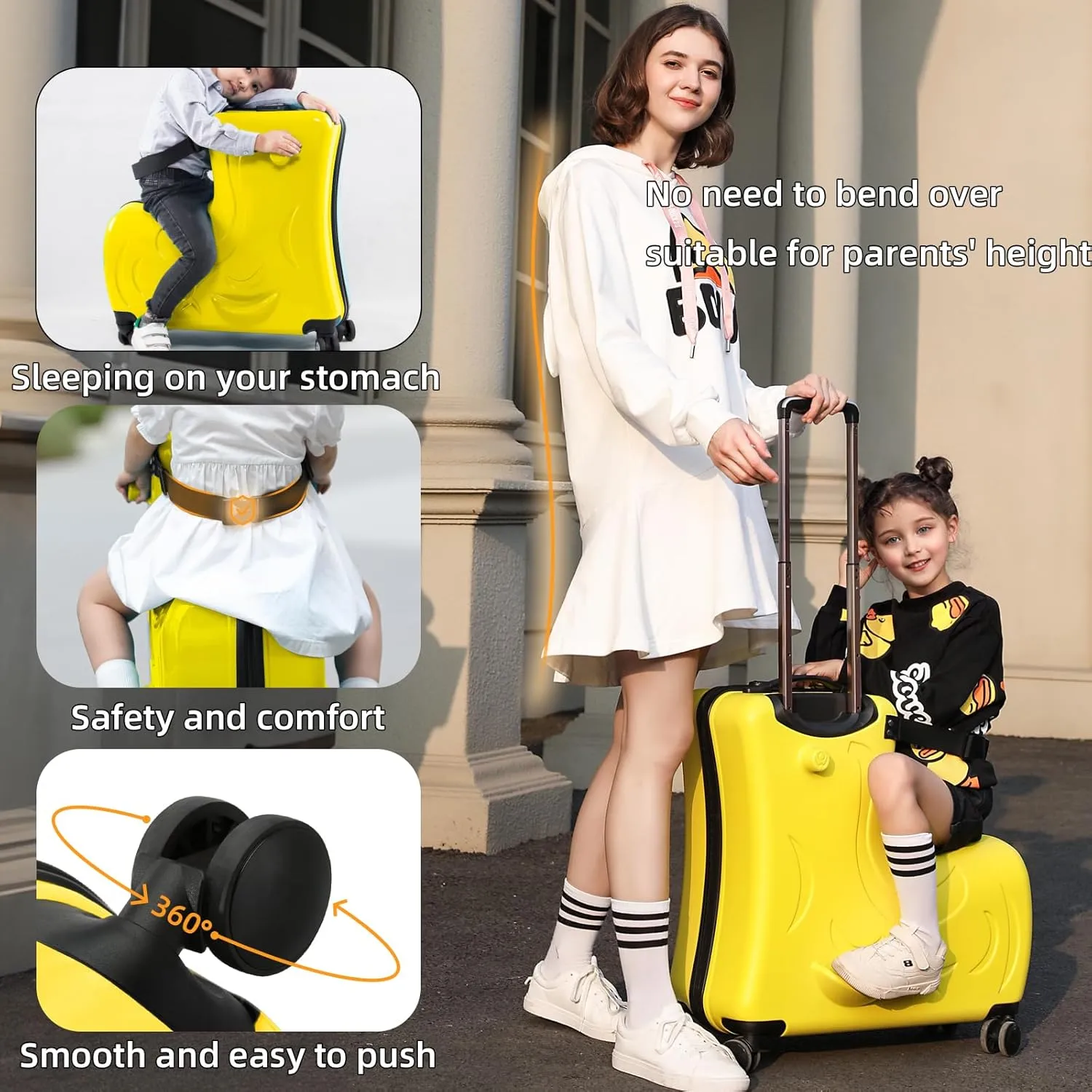AO WEI LA OW Kids ride-on Suitcase carry-on Tollder Luggage with Wheels Suitcase to Kids aged 3-6 Years Old (Yellow, 20 Inch)
