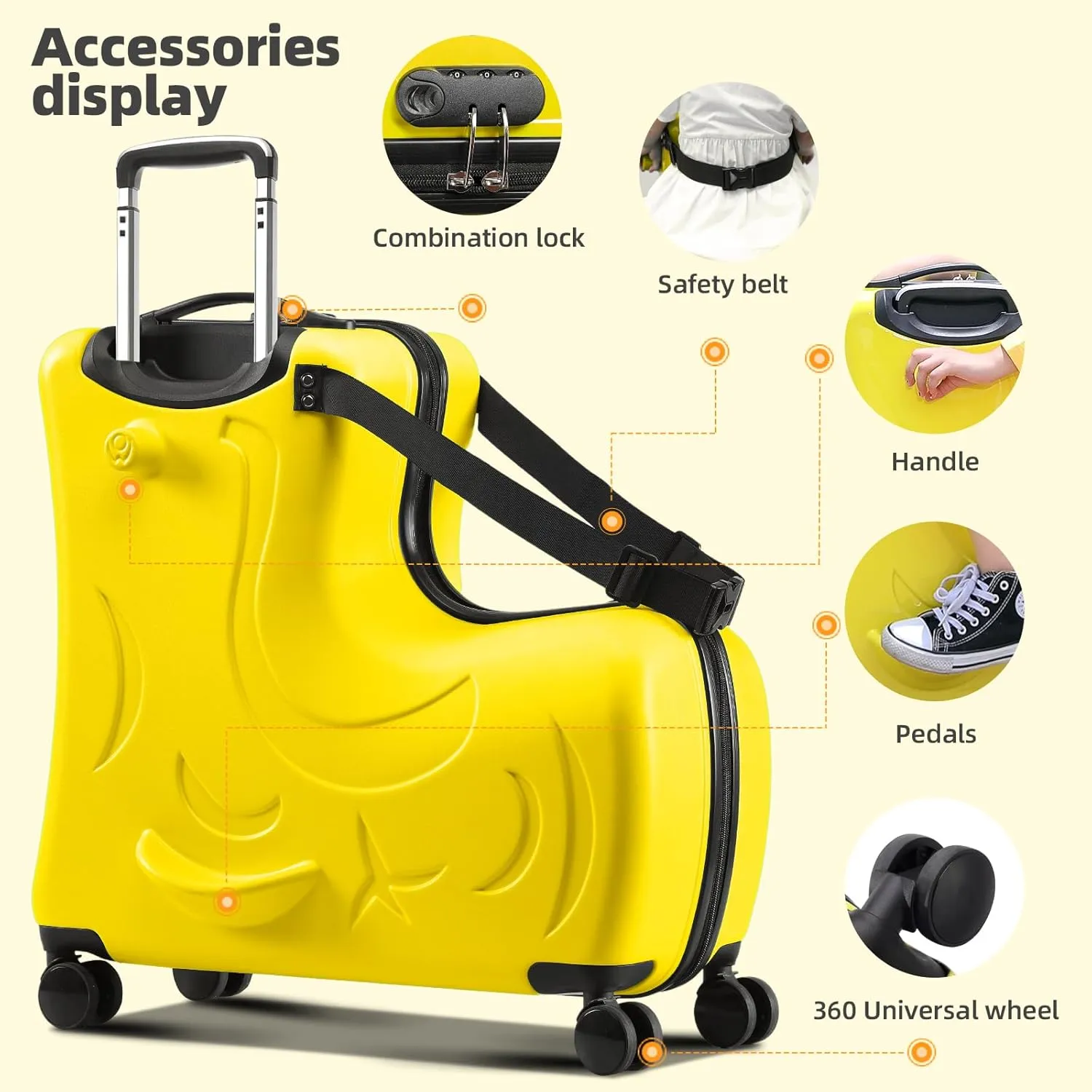 AO WEI LA OW Kids ride-on Suitcase carry-on Tollder Luggage with Wheels Suitcase to Kids aged 3-6 Years Old (Yellow, 20 Inch)