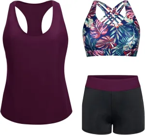 Aqua Eve 3 Piece Athletic Tankini Swimsuits for Women with Swim Tank Tops with Boy Shorts and Sports Bra Modest Bathing Suit