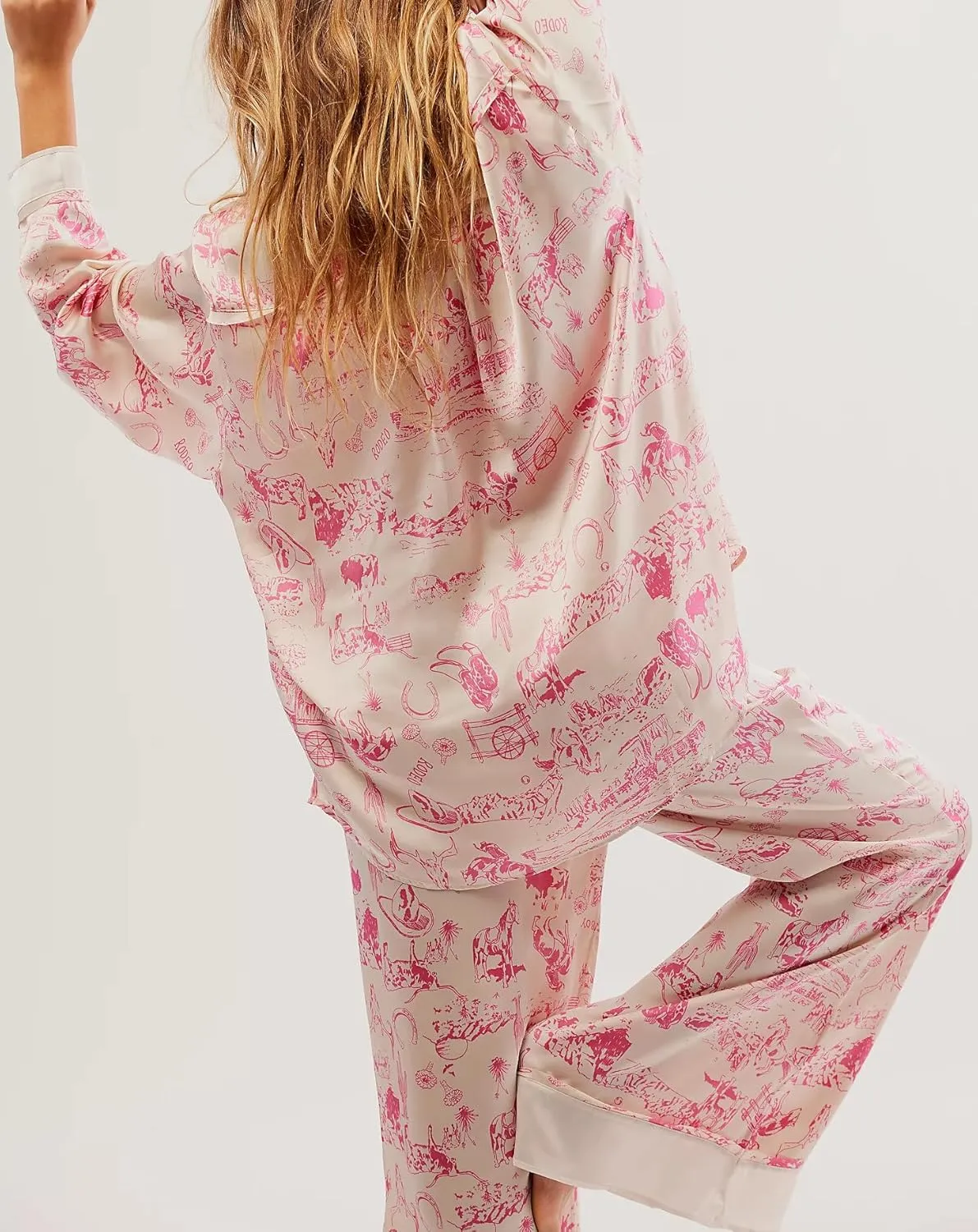 Argeousgor Women Floral Pajama Sets Silk Satin Lounge Set Long Sleeve Button Down Shirt Pants 2 piece Pjs Sleepwear