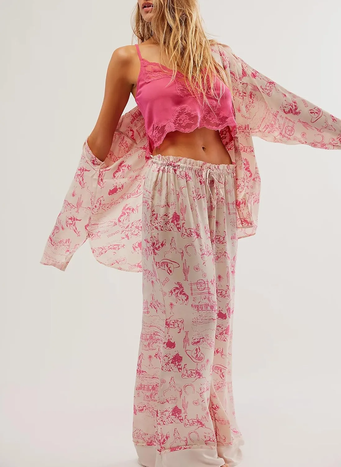 Argeousgor Women Floral Pajama Sets Silk Satin Lounge Set Long Sleeve Button Down Shirt Pants 2 piece Pjs Sleepwear