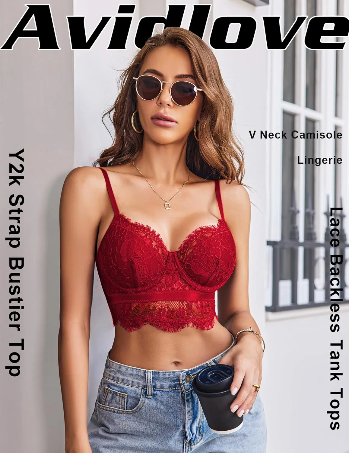 Avidlove Lace Bralettes for Women Y2k Strap Bustier Cami Top V Neck Camisole Lingerie