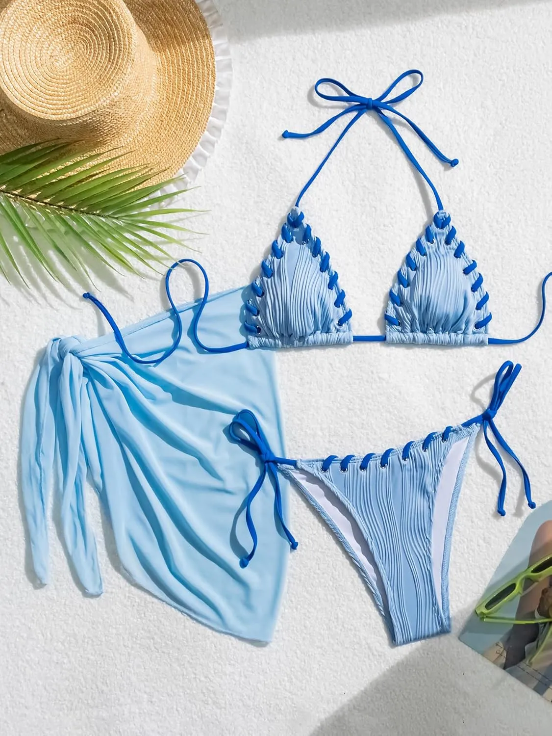 B2prity Women's Bikini Sets 3 Piece Swimsuit Halter Triangle Mesh Sarong Wraps Bathing Suit with Coverups