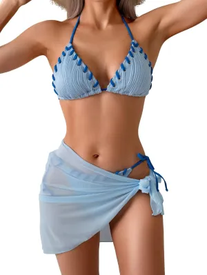 B2prity Women's Bikini Sets 3 Piece Swimsuit Halter Triangle Mesh Sarong Wraps Bathing Suit with Coverups