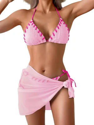 B2prity Women's Bikini Sets 3 Piece Swimsuit Halter Triangle Mesh Sarong Wraps Bathing Suit with Coverups