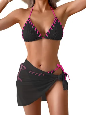 B2prity Women's Bikini Sets 3 Piece Swimsuit Halter Triangle Mesh Sarong Wraps Bathing Suit with Coverups