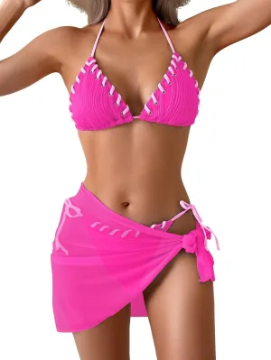 B2prity Women's Bikini Sets 3 Piece Swimsuit Halter Triangle Mesh Sarong Wraps Bathing Suit with Coverups