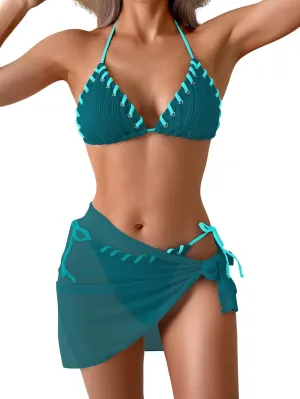 B2prity Women's Bikini Sets 3 Piece Swimsuit Halter Triangle Mesh Sarong Wraps Bathing Suit with Coverups