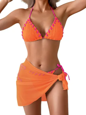 B2prity Women's Bikini Sets 3 Piece Swimsuit Halter Triangle Mesh Sarong Wraps Bathing Suit with Coverups