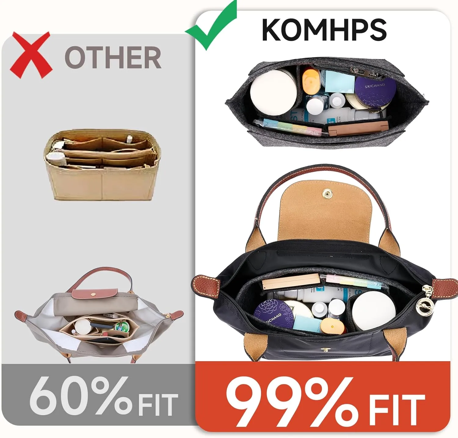 Bag Organizer Insert for Tote Bag, Felt Purse Organizer Handbag Backpack Compatible with Longchamp, Le Pliage, LV, Coach