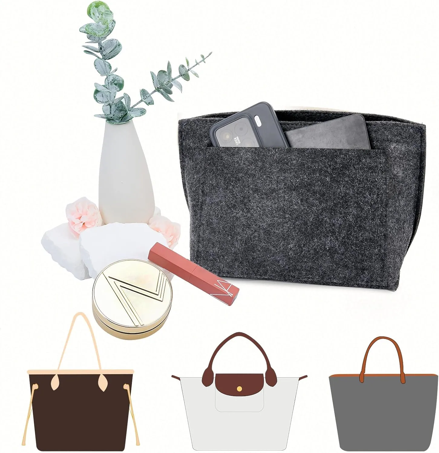 Bag Organizer Insert for Tote Bag, Felt Purse Organizer Handbag Backpack Compatible with Longchamp, Le Pliage, LV, Coach