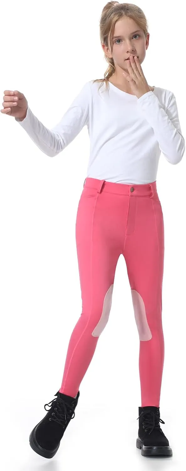 beroy Kids Horse Riding Knee-Patches Pants Girls Equestrian Front-Zip Breeches Legging with Pockets