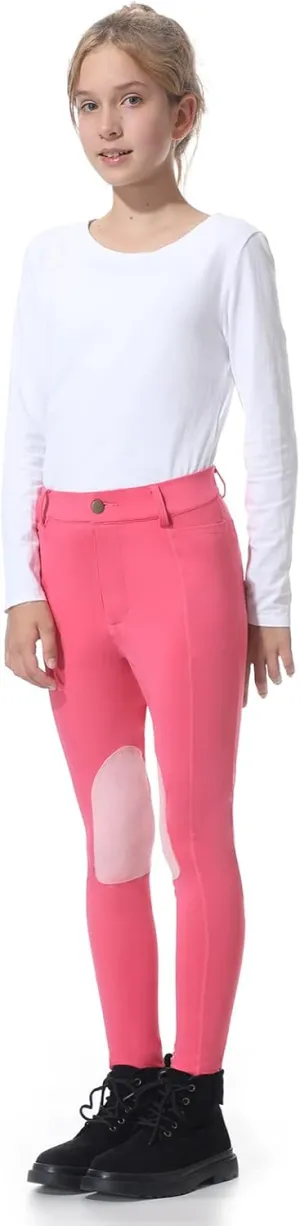 beroy Kids Horse Riding Knee-Patches Pants Girls Equestrian Front-Zip Breeches Legging with Pockets
