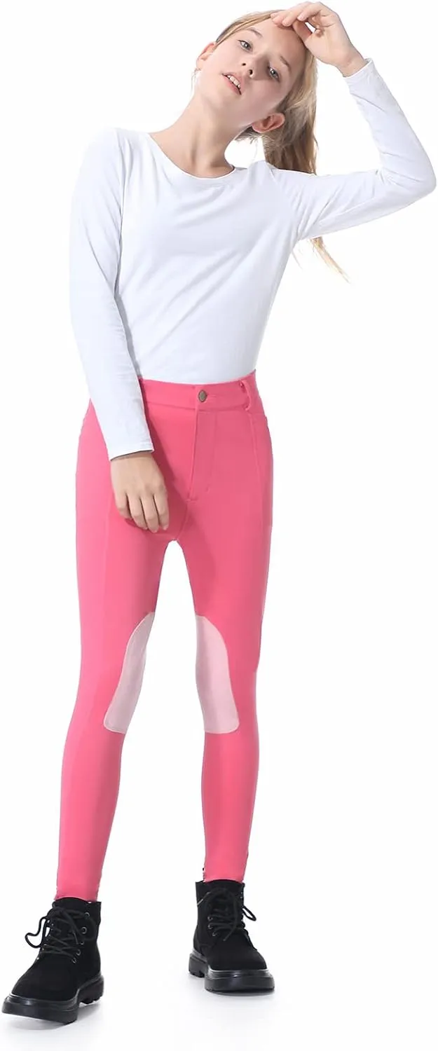 beroy Kids Horse Riding Knee-Patches Pants Girls Equestrian Front-Zip Breeches Legging with Pockets