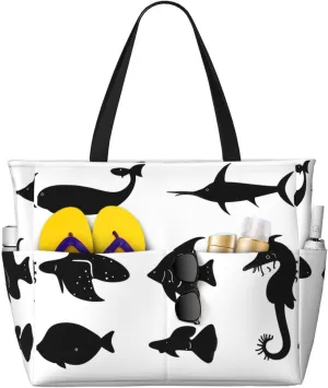 Black and White Fish Print 28L Beach Tote Bag, Water-resistant Travel Tote, Lightweight Gym & Camping Carryall