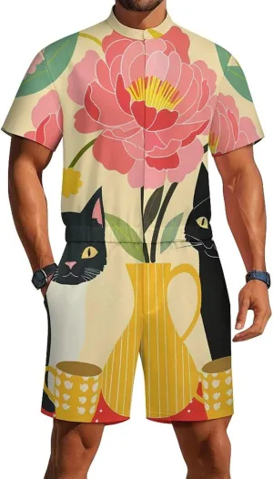 Black Cat Coffee Mens Short Sleeve Rompers Printed Slim Fit One Piece Jumpsuit with Pocket