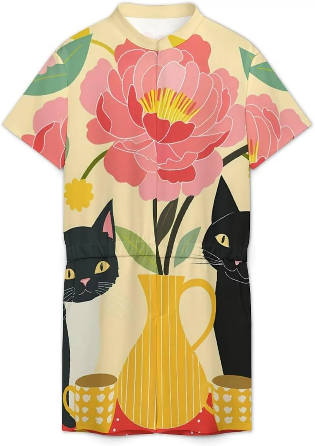 Black Cat Coffee Mens Short Sleeve Rompers Printed Slim Fit One Piece Jumpsuit with Pocket