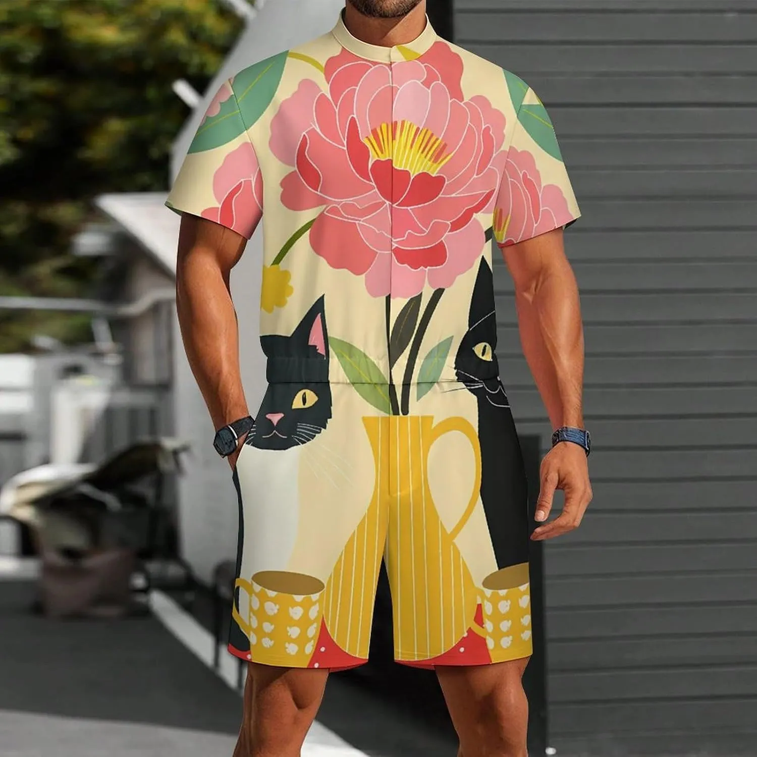 Black Cat Coffee Mens Short Sleeve Rompers Printed Slim Fit One Piece Jumpsuit with Pocket