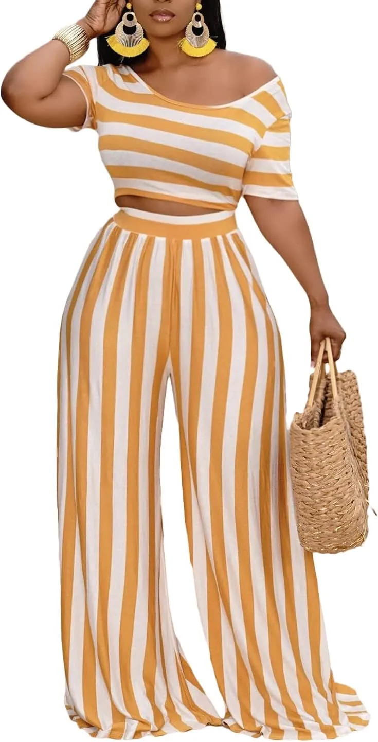 BOGURST 2 Piece Outfits for Women Short Sleeve Crop Top High Waist Wide Leg Pants Sets Jumpsuits Set